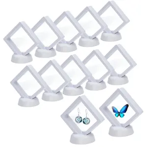 10Pcs 3D Floating Display Case with Stand, Clear Film Plastic Jewelry Storage Box, 3D Floating Coin Display Case Frame Stand for Gift Jewelry Packing Challenge Coin Fossils Rocks, 2.7 x 2.7 x 0.8 Inches
