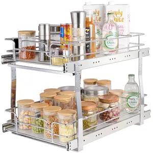 【Summervibes】VEVOR 2-Tier Pull Out Cabinet Organizer, 13"W x 21"D Smooth Chrome-Plated Steel Shelf, Heavy-Duty Slide-Out Racks with Basket Drawers, Storage for Kitchen, Bathroom Under Sink