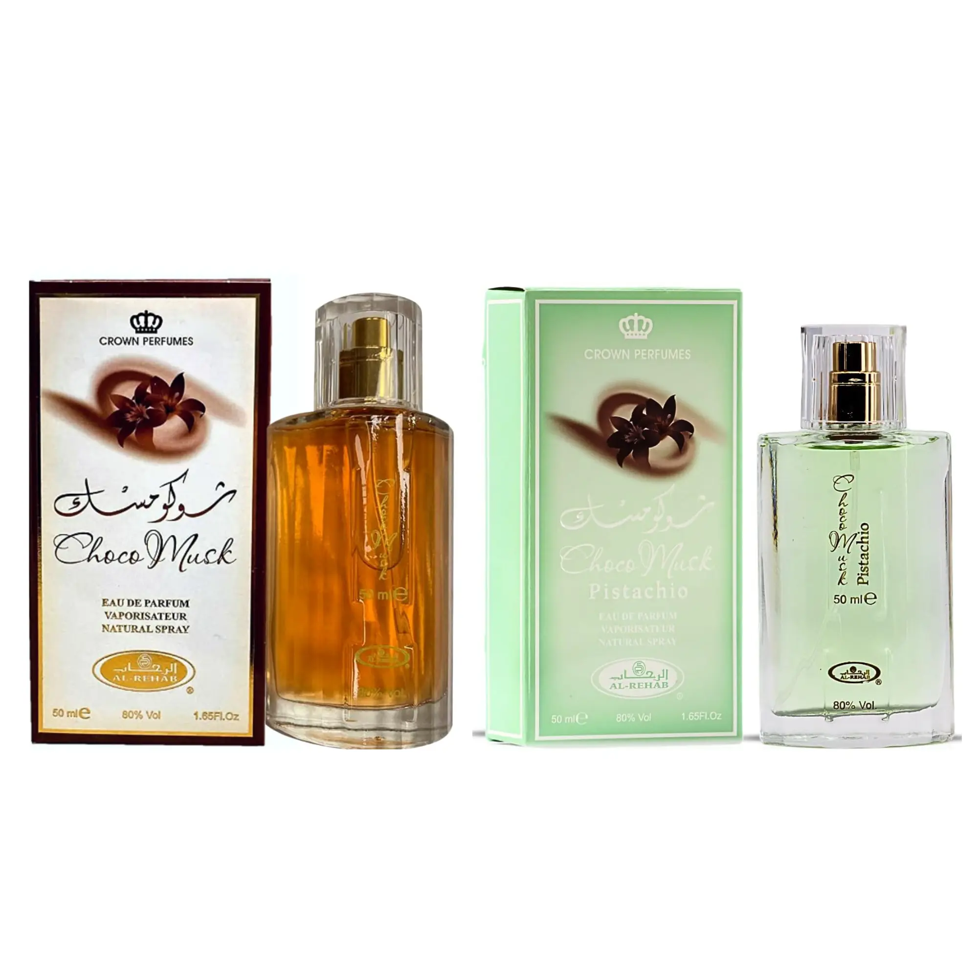 Al Rehab Unisex 50ml EDP Spray Bundle (Choco Musk & Choco Musk Pistachio) - Long-Lasting Daily Fragrance, Dessert Scent, Paraben-Free, Silicone-Free, EDP Liquid Colognes, Vanilla Scents, Spice-Amber Kick, Rich Chocolate Notes