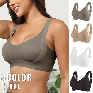 YSB EssElegance 2/4PCS Women's Solid Four-breasted Adjustable Seamless Bra, Soft Comfortable Breathable Ribbed Push Up Wireless Bra, Women's Lingerie for All Seasons