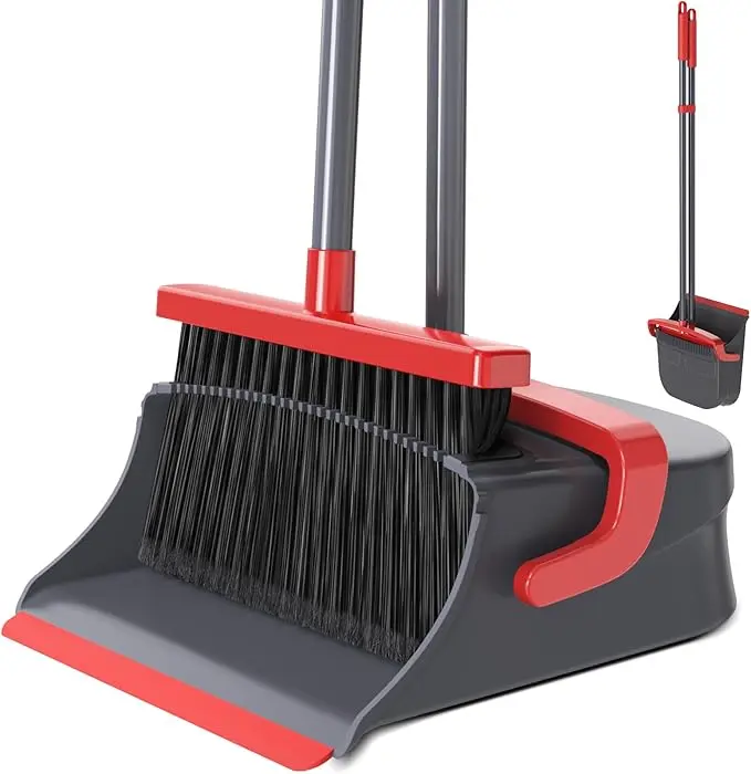 Broom with Dustpan Combo Set, Long Handle Upright Standing Self-Cleaning Broom and Dustpan Set