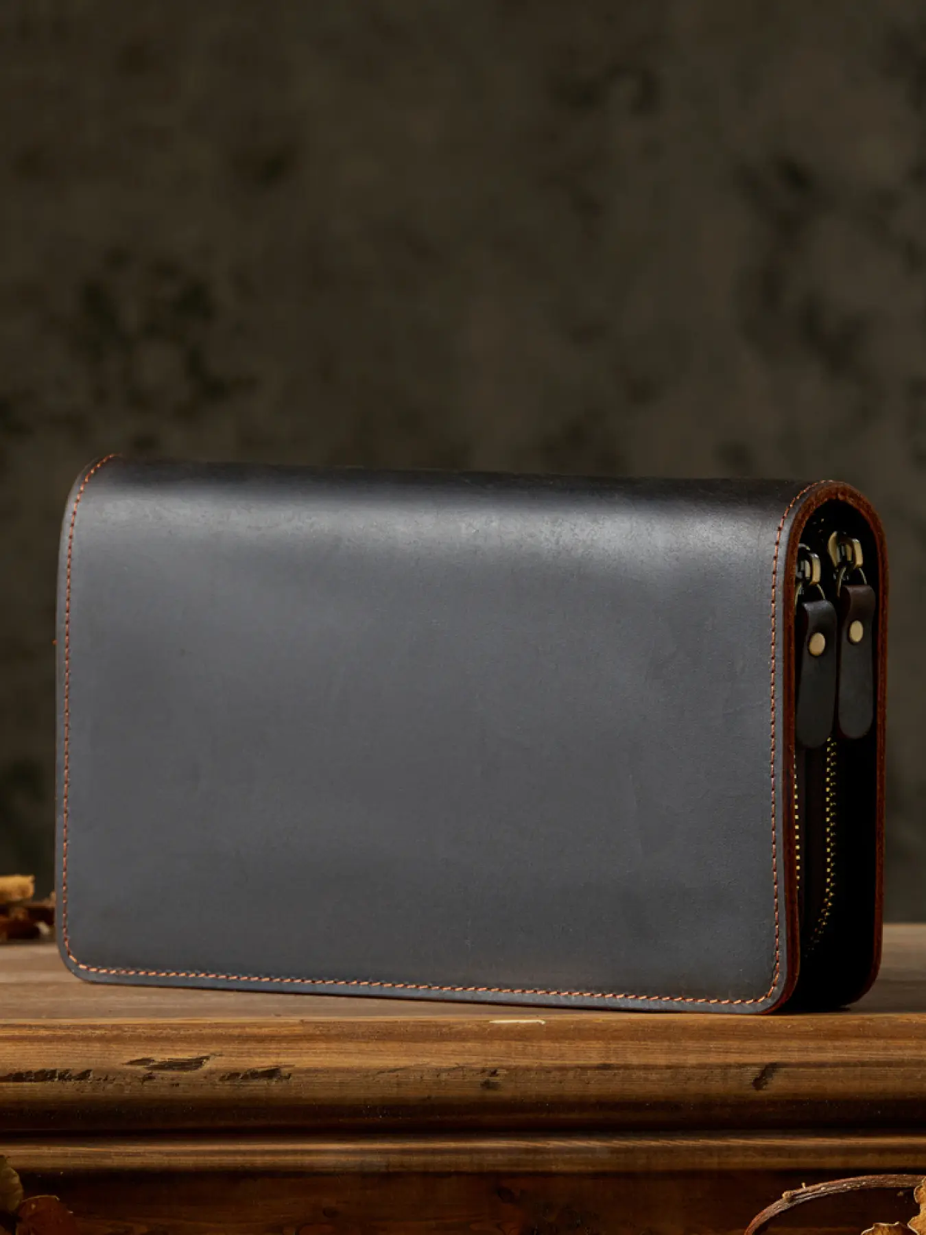 1 piece, handmade leather men's clutch with double zippers, youth genuine leather handheld bag, textured crazy horse leather, horizontal casual wallet for men