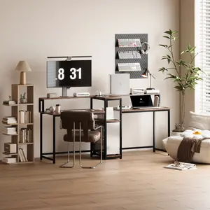 Extra Long 2-Person Computer Desk with Power Outlet, Home Office Computer Workstation with Printer Stand, Metal Shelf & CPU Stand, Double Gaming Table