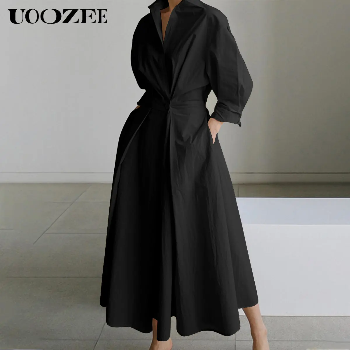 UOOZEE Women's Elegant Solid Midi Shirtdress, Basic Long Sleeve Button-Down with Tie-Waist for Work, Classy Modest Lady Dress, Classy Modest Dresses, Longsleeves, Style, Essential, Piece, Modest Fashion