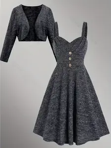 Elegant Deep Cardigan & Cami Dress Set, Comfortable Two-Piece for Women, Casual Wear, Stylish Plus Size Fashion, Fit