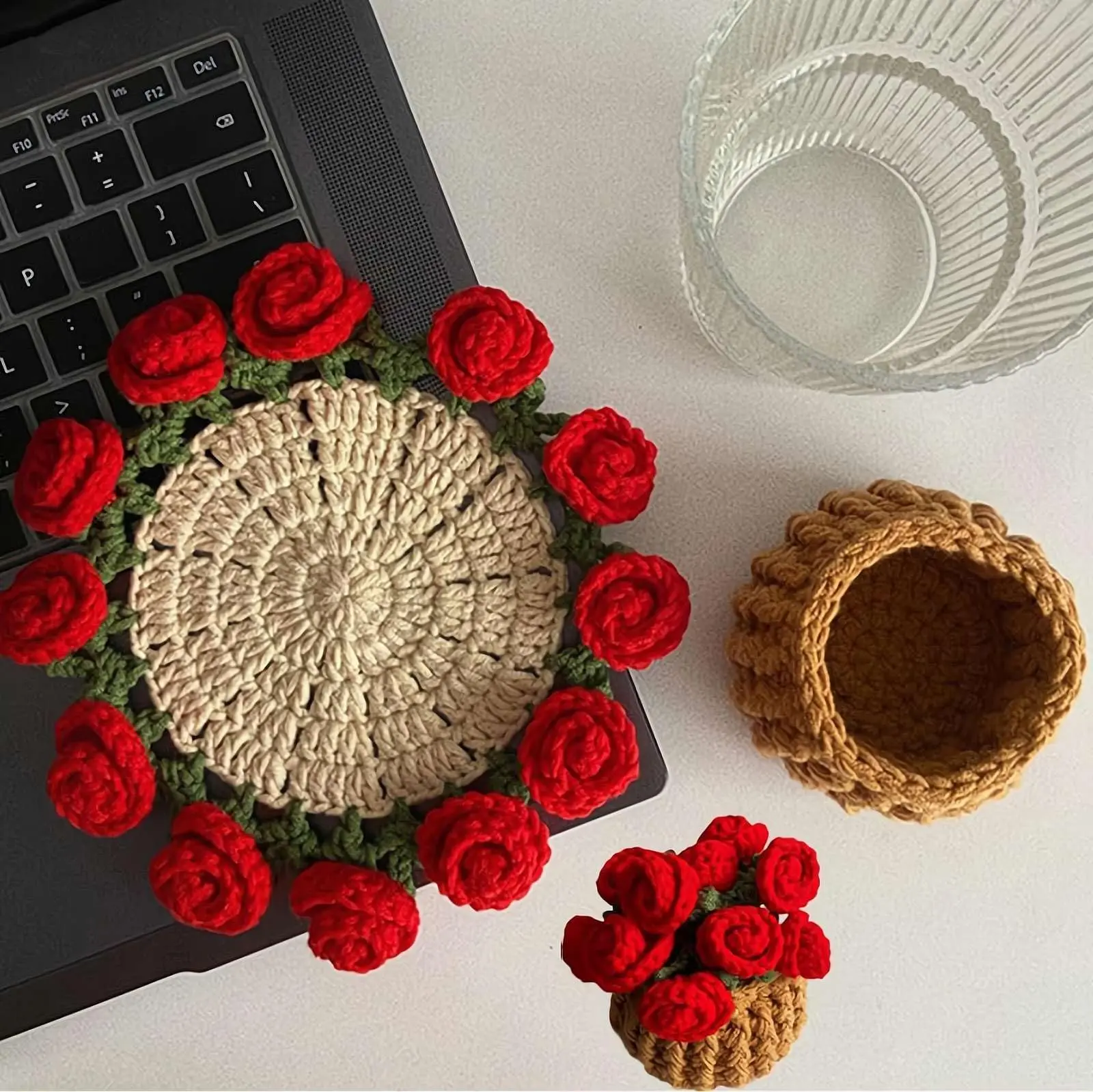 Handmade Crochet Floral Rose Coasters Set - Cotton Coffee Table Mat, Rustic Kitchen Home Decorating Accent, Pet-Friendly Holiday Gift Flower Basket-Designed Mini Blanket Bouquets, Surface Protection