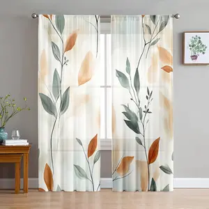 2D Flat 2Pcs modern nature-inspired leaf print window drapes, rod pocket semi sheer curtains, decorative panel for bedroom living room kitchen, privacy home decor aesthetic, Home Decoration Curtain