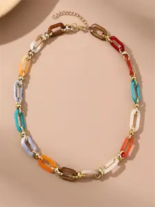 Random Color Geometric Design Chain Necklace, Cuban Chain Necklace, Fashion Jewelry for Party, Daily Clothing Decor, Trendy All-match & Exquisite Jewelry for Birthday Gift, Adjustable Necklace