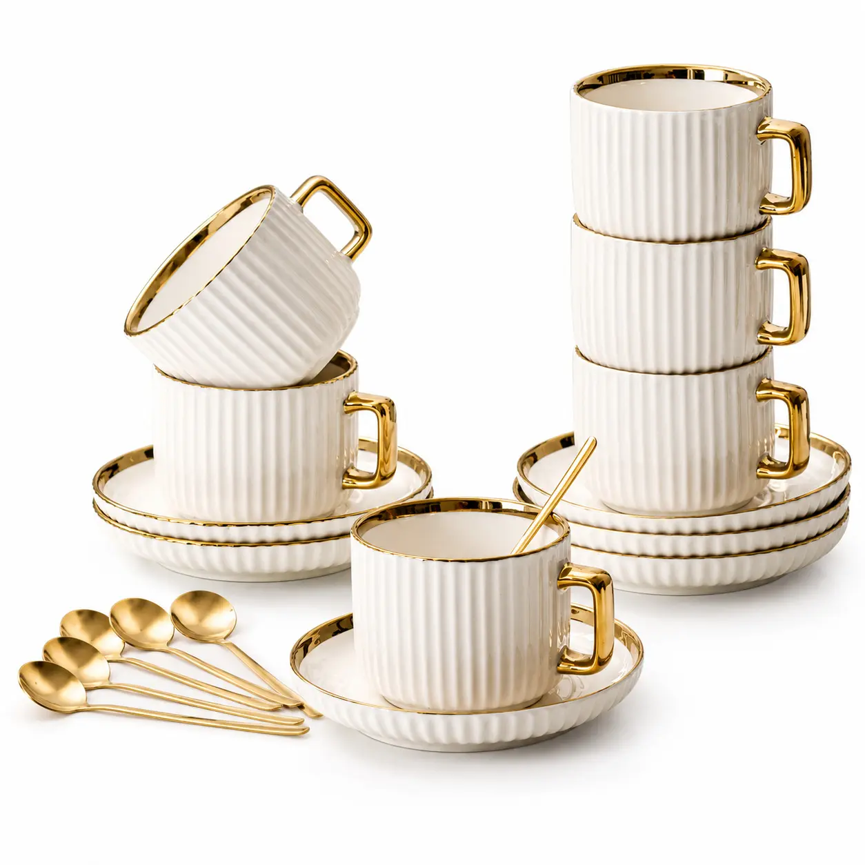 18-Piece Ceramic Coffee Cup, Saucer & Spoon Set, Modern Striped Pattern Cups with Handles, Elegant Ceramic Tea Cups for Home Office Use, Stylish Drinkware, Coffee Cups Gift