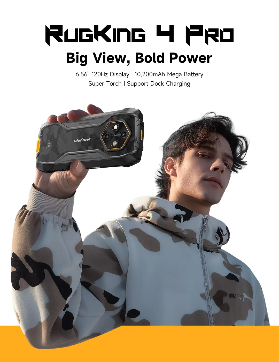 Ulefone RugKing 4 Pro 10200 mAh Battery 16GB+128GB/256GB Android 15 Rugged Phone, 6.56" 120Hz Display Tough Smartphone, 48MP Main Camera, Built-in Glare Flashlight, NFC/ 4G Dual SIM/Widevine L1 - Black/Orange