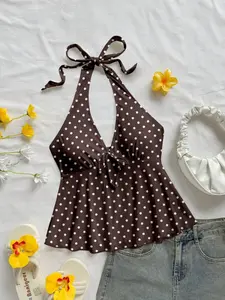 Women's Casual Vacation Retro Polka Dot V-Neck Bow Back Doll Dress Top, Perfect for Summer Holiday Parties, Spring Fall Innerwear