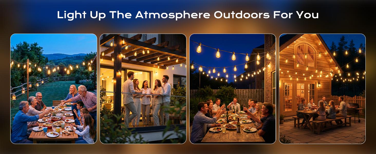 Brightown 52FT Solar String Lights Outdoor Waterproof, Patio Lights with Remote and 15+1 LED Shatterproof Bulbs, Dimmable & Timable, 3 Light Modes, Solar Lights Outdoor for Yard Garden Camping Party