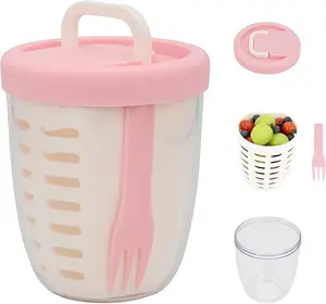 Portable Foldable Handle Fresh Fruit Salad Storage Cup, Fork, Lid and Draining Basket, Reusable Leak-proof Food Storage Container with Detachable Strainer,Fresh Longer, (Pink)