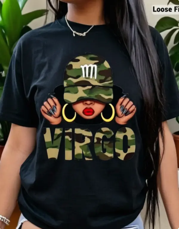 Virgo Zodiac Camo Hip‑Hop Girl Big Hoop Earrings Birthday Graphic Unisex Tee Summer Cotton Short Sleeve Heat Transfer Tshirt