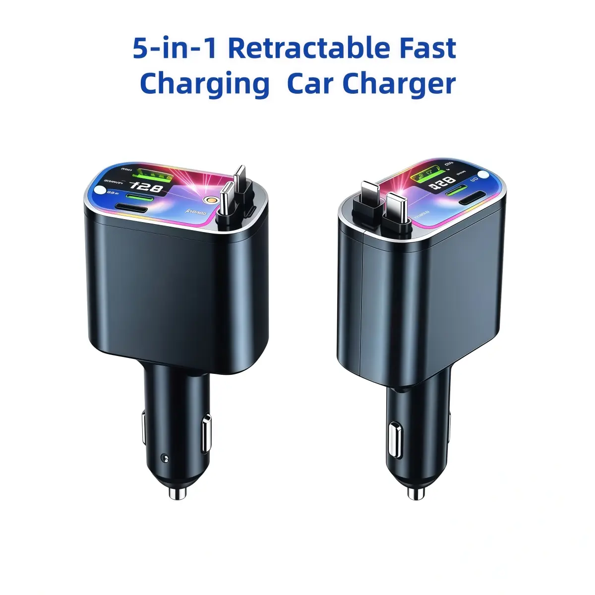 5-in-1 Retractable High-Power Fast-Charging Car Charger - Built-in Star Projector, Digital Voltage Display, Multi-Port USB Adapter Compatible with iPhone, Android Devices