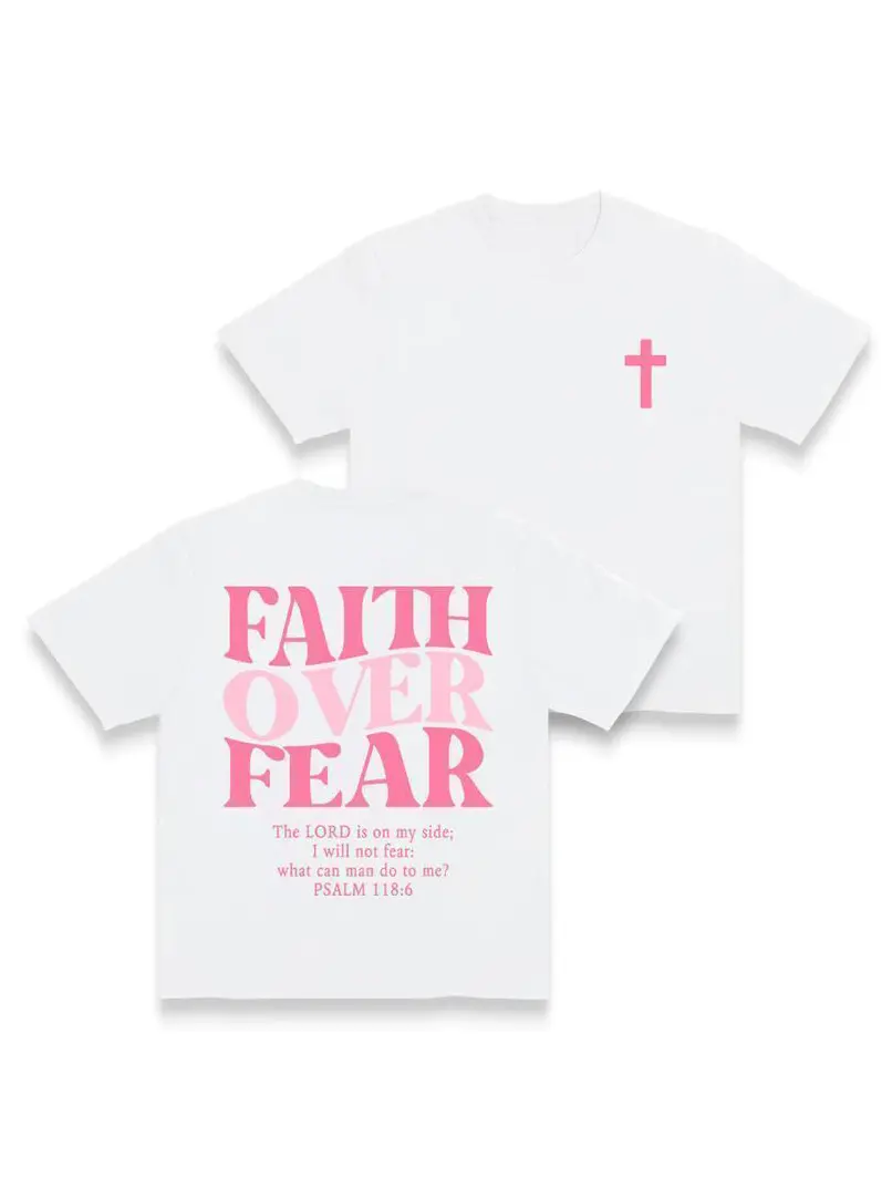 Women's Unisex Faith Over Fear Graphic Shirts - Vintage Urban Streetwear, Round Neck Short Sleeve, Minimalist Bold Slogan, 100% Cotton, Lightweight Breathable Soft Comfort, Fitted/Oversize Gym/Everyday Wear