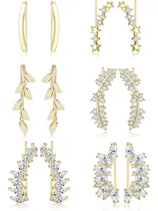 6 Pairs Ear Cuffs Climber Hoop Earring CZ Arrow Caterpillar Earring Jacket for Women, Copper