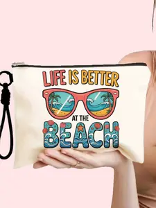 Cosmetic Travel Bag Set, Canvas Makeup Pouch with Detachable Wrist Strap, Beach Theme Large Capacity Storage Bag, Ideal Gift for Vacation Lovers