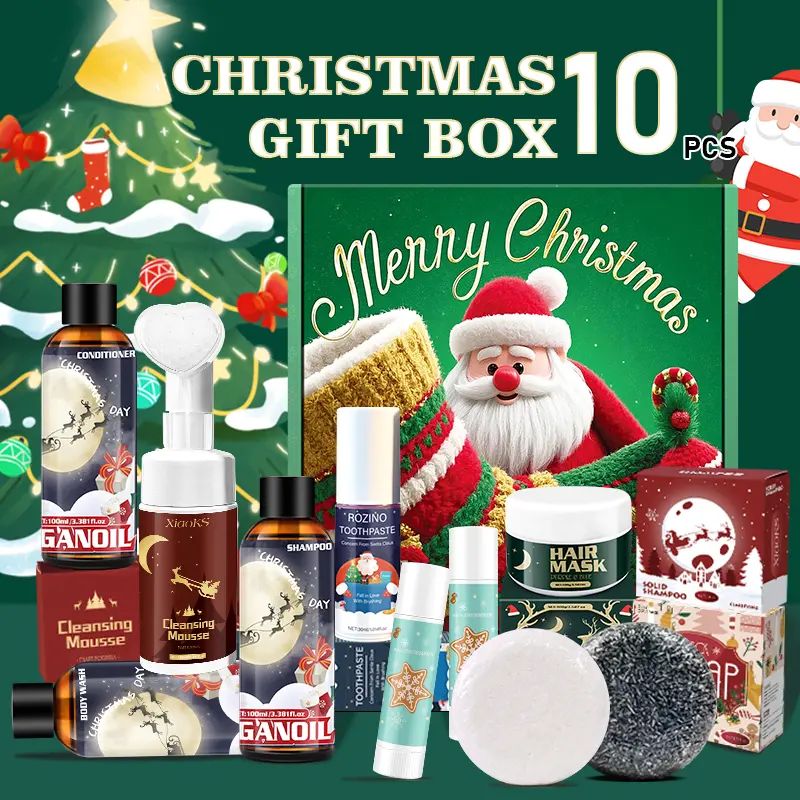 Christmas Edition 10-Piece Hair & Body Care Set - Includes Shampoo, Conditioner, Hair Mask, Cleansing Mousse, and More - Perfect Holiday Gift Brush Daily Gentle Skin Repair