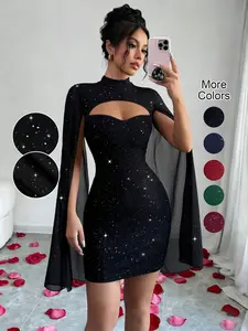 Sexy Mini Bodycon Dress, Shawl Mesh Design, Cape Sleeves, Sparkling Sequins, Trendy Party Gown, Spring & Fall Valentine's Day