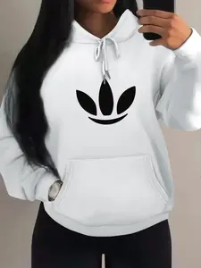 Clover Pattern Print Letter Hoodie, Kangaroo Pocket, Drawstring Comfort, Casual Streetwear, Unisex, All Seasons, Fitted Style