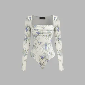 Cider [size 2-26] Santorini Beach Vacation Square Neck Floral Ruched Corset Bodysuit