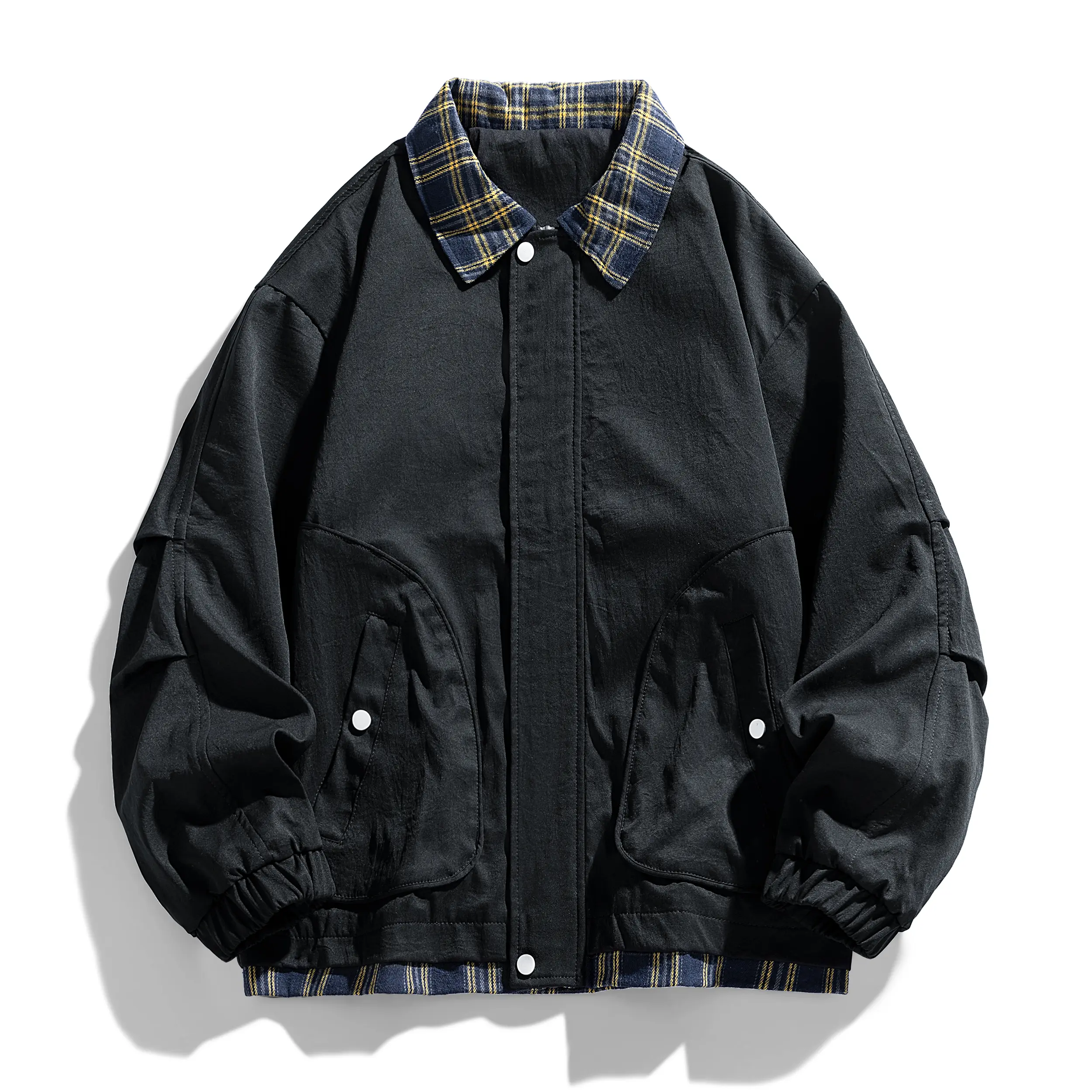Men's Vintage Plaid Collar Splicing Long-Sleeve Button-Up Coat - Loose-Fit Workwear Coat with Contrast Binding, Casual Comfy Office Vintage Workwear Tops, Fashion (Black), Workwear Coats