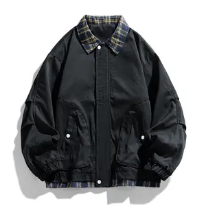 Men's Vintage Plaid Collar Splicing Jacket - Long Sleeve, Loose Fit, Stylish Trim Workwear Coat, Shirt, Office Casual Menswear Clothes (Black)