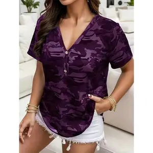 Plus-size summer casual V-neck camouflage print short-sleeve top, women’s loose T-shirt, comfortable and fashionable, suitable for everyday wear GARMENTARY