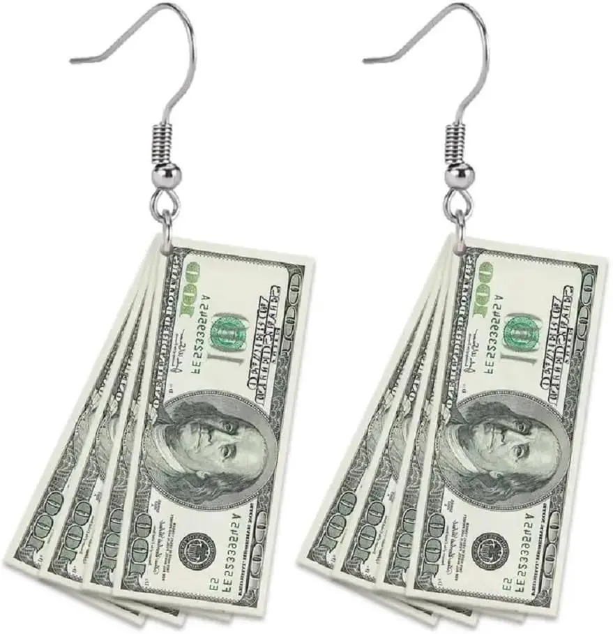 Dollar Sign Earrings Funny Lightweight Acrylic Retro 100 Dollar Bill Money Luck Symbol 2D Simulated Paper Cash Dangle Drop Statement Earrings Jelwery Gifts for Women