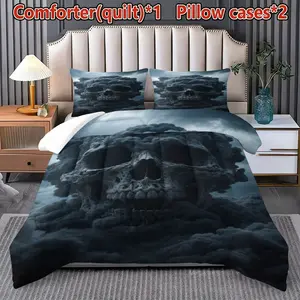 3-Piece Skull Quilt Set (1 Quilt + 2 Pillowcases), Soft Breathable, Digital Print, Includes 200gsm Filling, Ideal for Bedroom Dorm Home Use