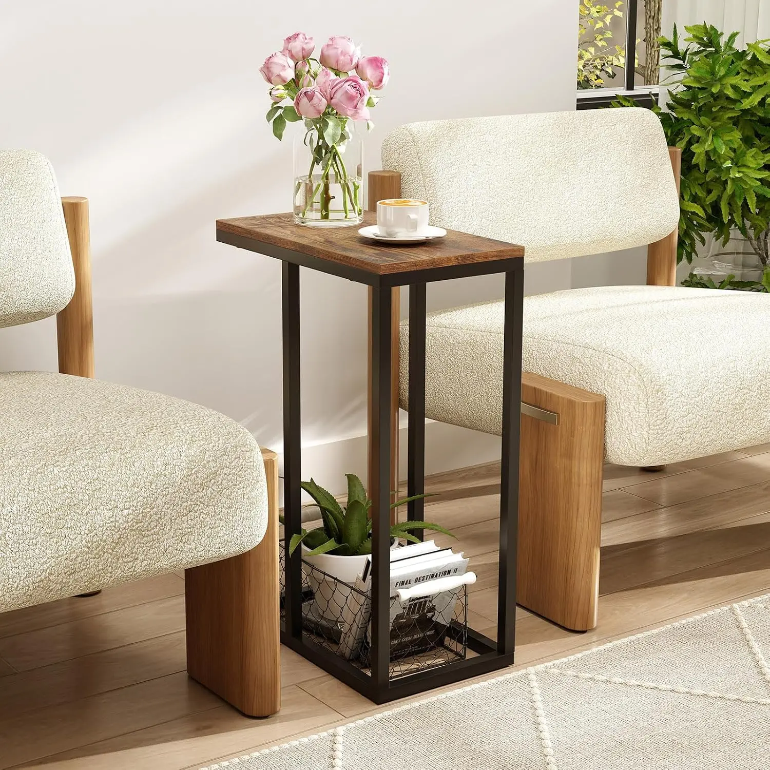 Vallmore C-Shaped End Table, Slides Under Couch or Bed, Industrial Sofa Side Table with Metal Frame & Adjustable Foot Pads, 70 pounds Capacity TV Tray for Living Room, Bedroom