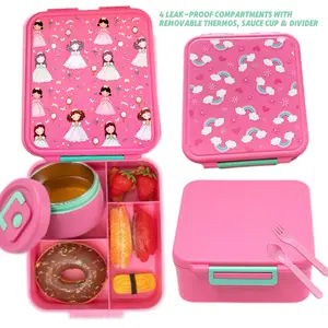 Children's bento box set, Leakproof lunch box, with 12 oz soup bowl, leak-proof four-compartment bento container, fork and spoon, lunch box (BPA-free), tableware suitable for girls and boys, microwave and dishwasher safe food box