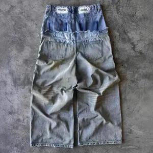 European and American sports retro street hip hop edging splicing double waist rivets loose wide legs straight jeans