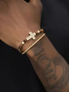 Men's Rhinestone Decorated Cross Beaded Bracelets, Casual Trendy Beaded Bracelets, Fashionable Jewelry for Daily & Party Decoration, Fashion Cross Bangle, Cross Charm Bangle, Beaded Bracelet Set, Trendy Jewellery Accessories
