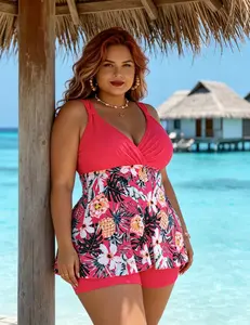 Women's Plus Size 2 Piece Tankini, Tummy Control Floral Print Swim Top with Boyshorts