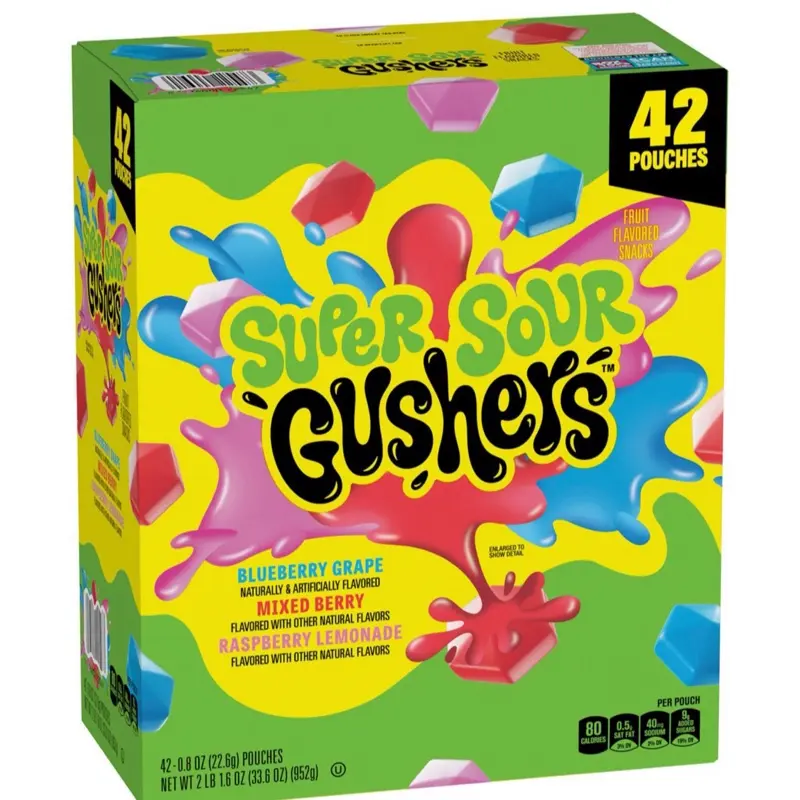 Gushers Super Sour Variety Pack 42 Pouches, 0.8 oz Blueberry Grape Mixed Berry Lemon Flavor - Gluten Free, Gelatin Free, Fun Snack Treats addict