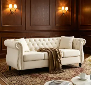 80 Inch Beige Velvet 3-Seater Chesterfield Sofa, Classic Tufted Couch with Rolled Arms & Nailhead Trim, Vintage Stylish Upholstered Furniture for Apartment Bedroom Office Living Room Decor