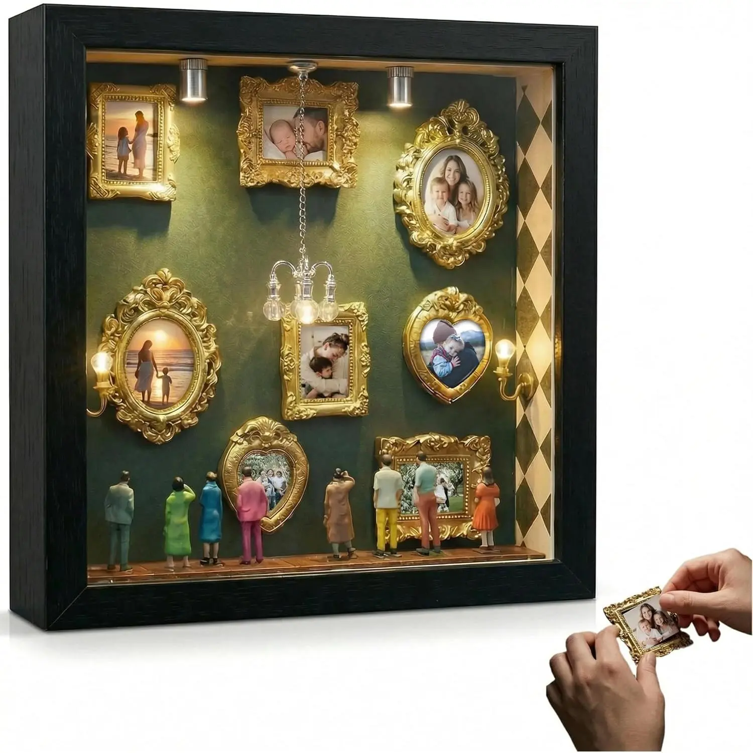 DIY Mini Museum Silhouette Box, Shadow Box Frame Set, Museum of Us Box with Gold Mini Picture Frames & Figurines for Mother's Day and Anniversary, Valentine's Day Gifts, Birthday (Black)