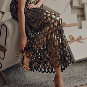 Women's Gold and Black Crochet Midi Skirt - Lady's Comfortable Fashion Bottom Piece with Intricate Detailing, Flowing Design for All-Season Elegant Outfits
