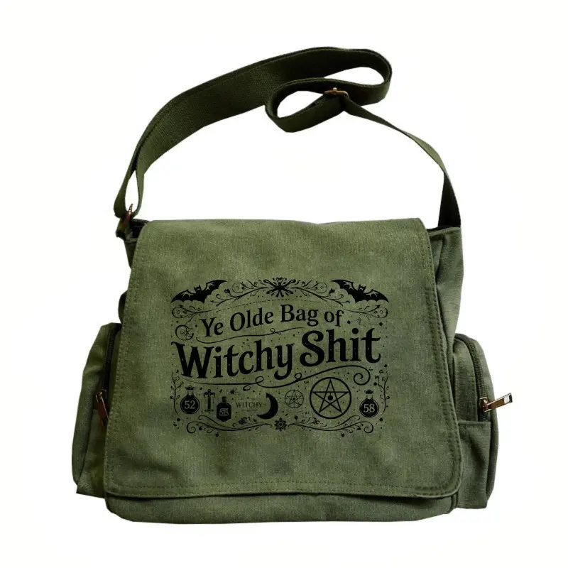 Large-capacity women's messenger bag, made of canvas material, ideal for work, shopping, school, and travel. Featuring an exquisite design of a bat-themed witch, making it an excellent gift choice for witch theme enthusiasts
