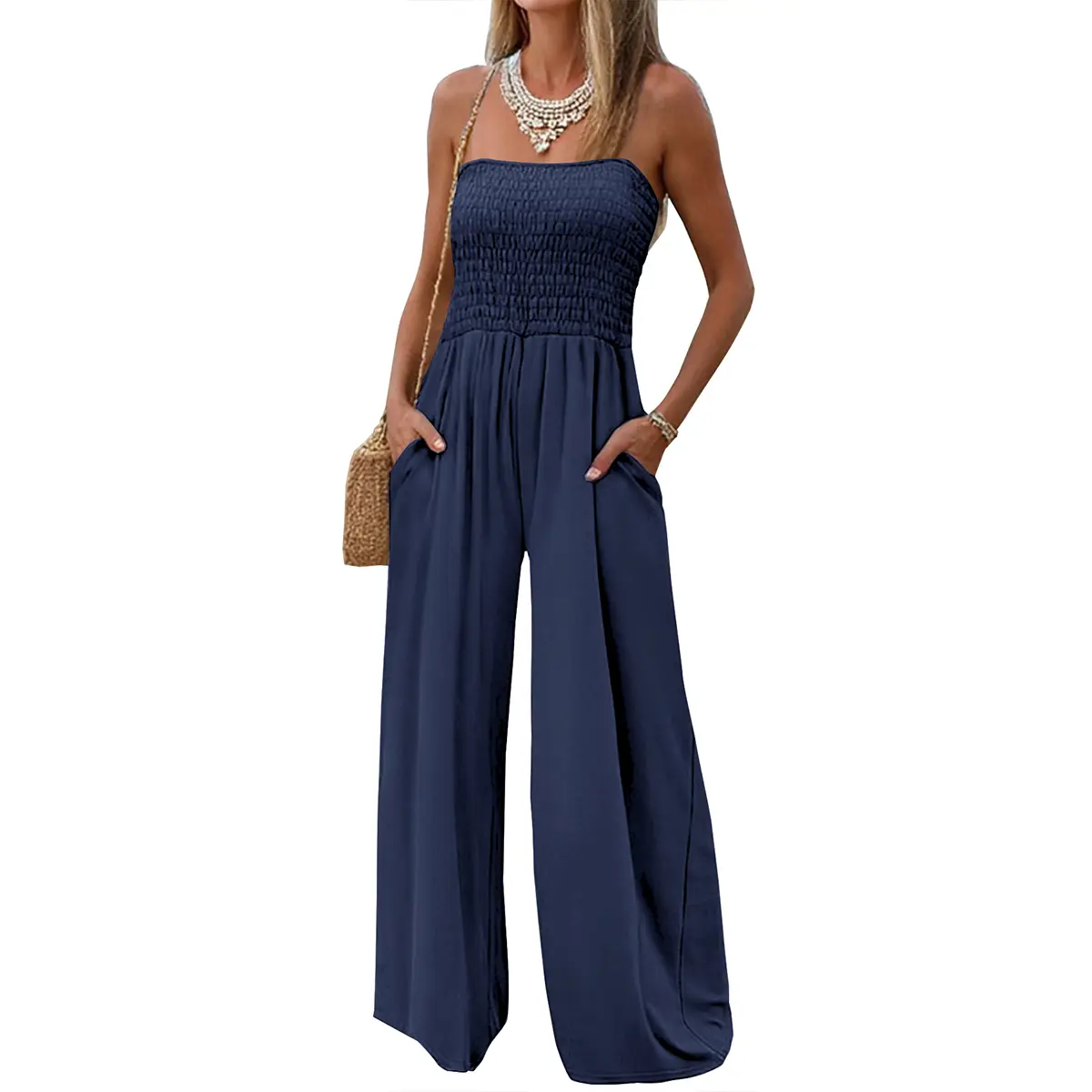 AUXDIO Womens Casual Strapless Summer Jumpsuits Loose Off Shoulder Smocked Sleeveless Wide Leg Romper with Pockets Birthday Pleated Overalls Solid