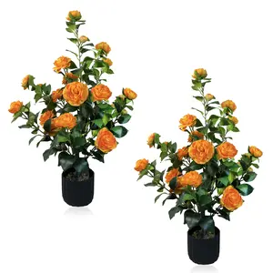 2 pcs Artificial Camellia Tree Potted Plant with Decorative Flower Pot, 24 Realistic Flowers, 188 Leaves, Suitable for indoor, outdoor, and courtyard decoration