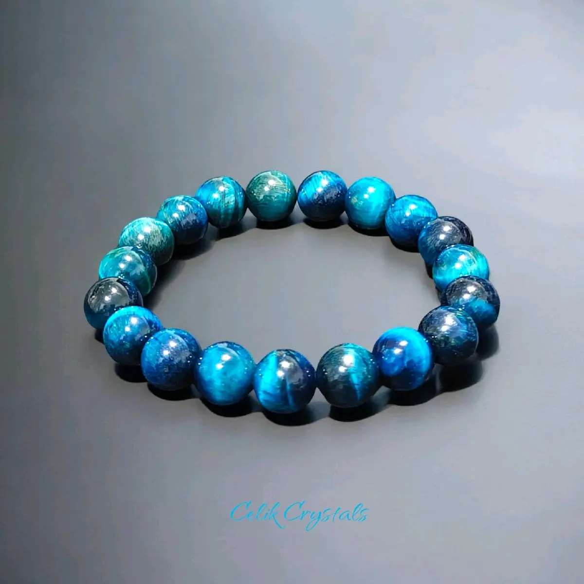 Celik Crystals Unisex Natural Lake Blue Tiger Eye Beaded Bracelet, 8mm-10mm Handmade Healing Crystal Stretch Jewelry, Healing Crystal Jewelry, Beaded Bracelets