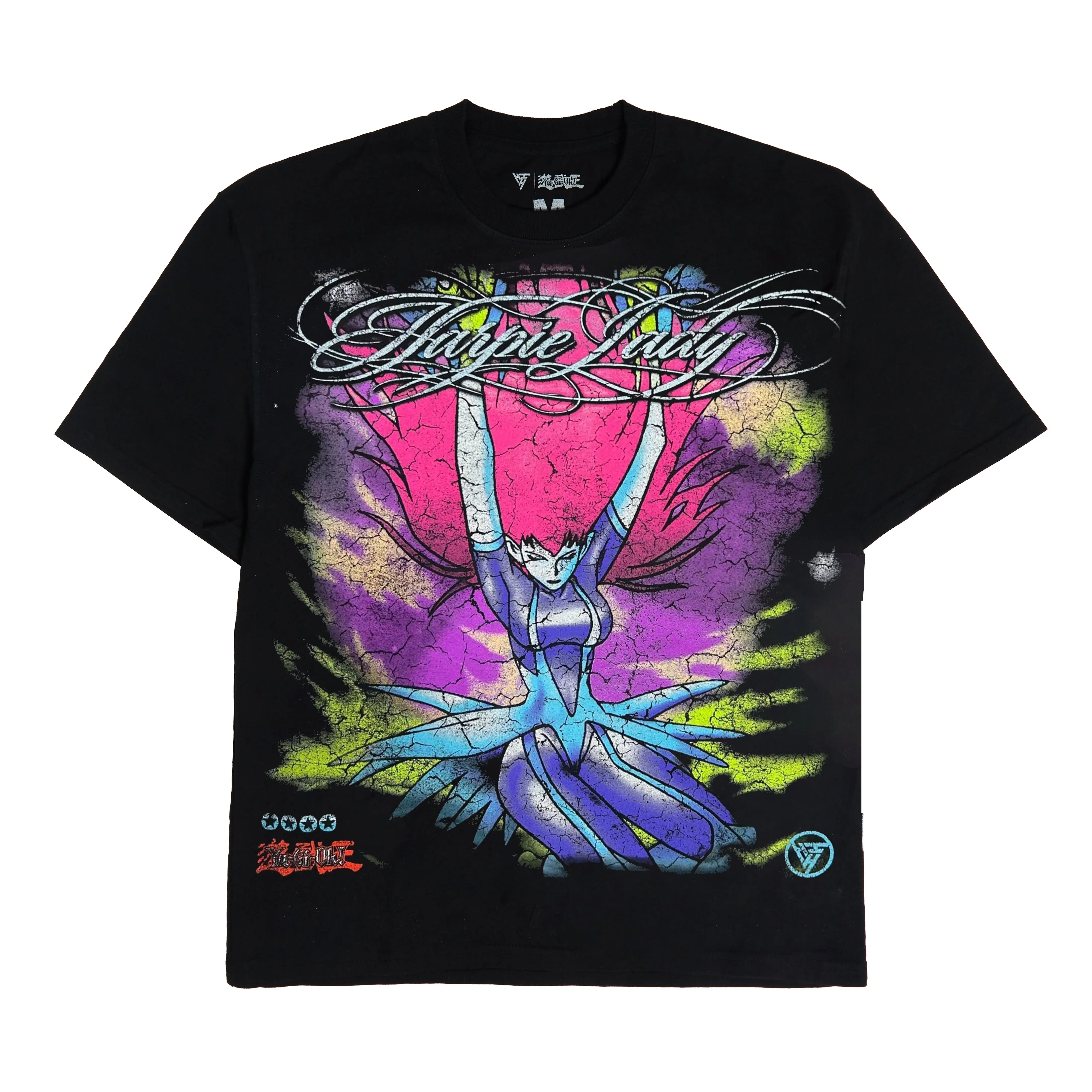 Women's Cotton Shortsleeve Round Neck Yu-Gi-Oh Harpie Lady Jumbo Print Graphic T-Shirt - True Fit Black Collaboration Top, Machine Washable Casual Womenswear