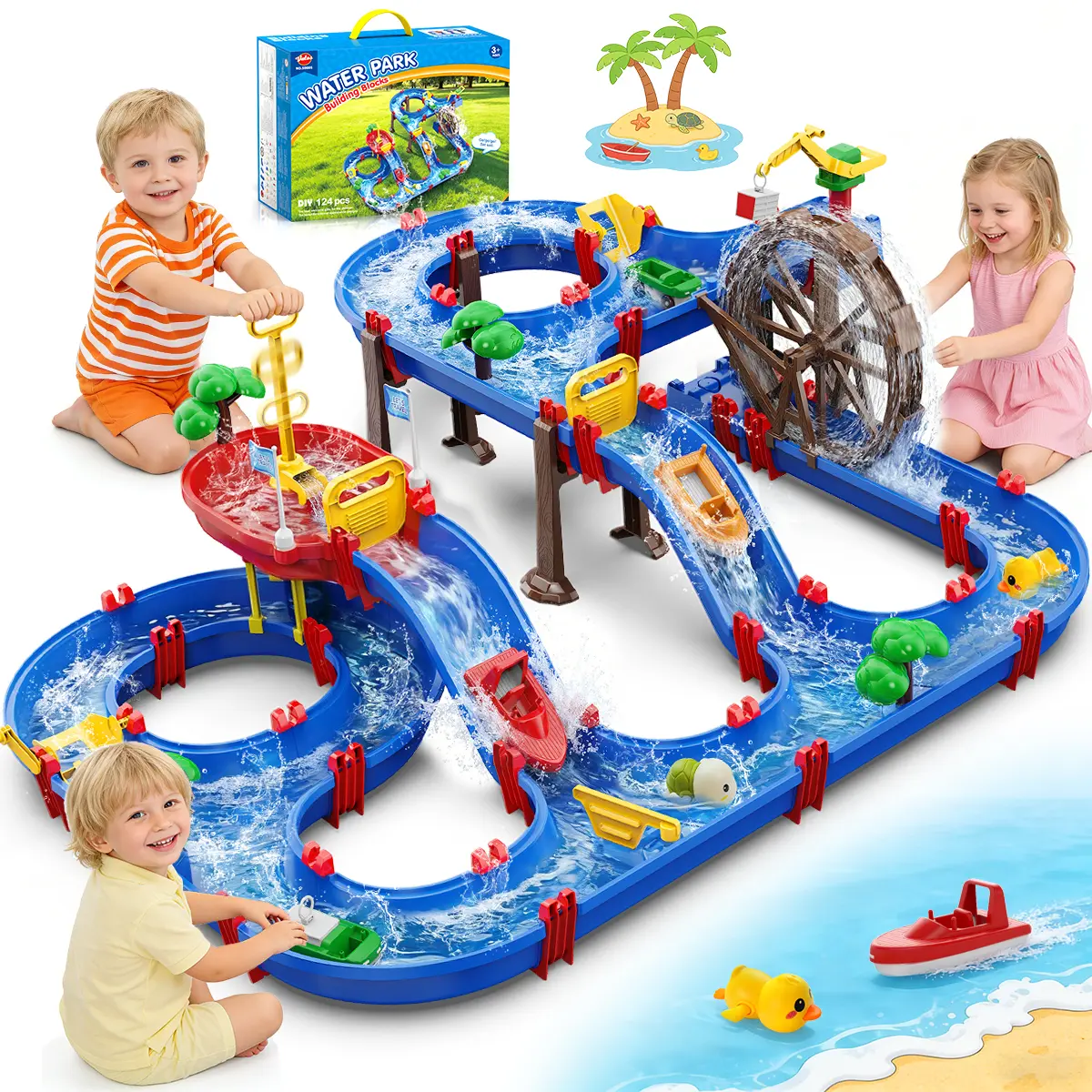 VATOS 2-Tier Watermill Summer Water Table, 124 PCS DIY Water Table with Water Pump Toys for Toddlers 3-5 4-7 Years Old, Fun Water Playset Outdoor Water Summer Toys for Backyard, Beach, Balcony, Garden,SummerVibes