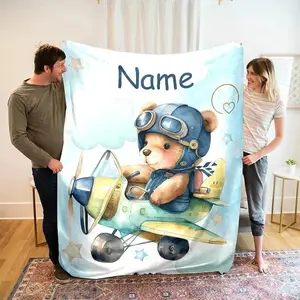 Personalized Name Blanket Bear Design Kids Plush Throw Custom Embroidered Name Ultra Soft Material Nursery Travel Essential Cozy Gift For Baby Toddler
