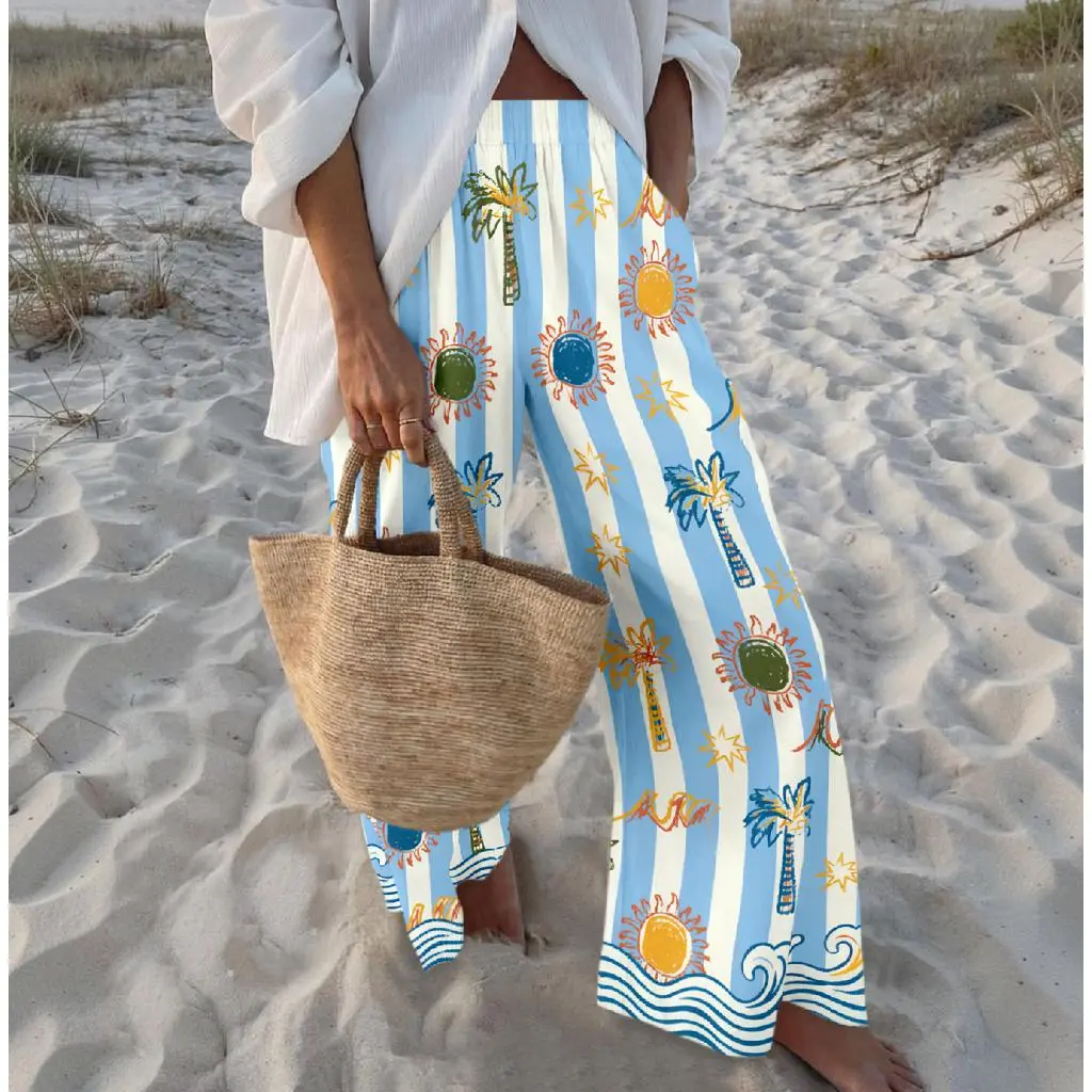 Women's Seaside Resort Tropical Island Striped Wide-Leg Pants - Elastic Waistband, Polyester Print Design, Lightweight, Breathable, Comfortable Style, Ideal for Beach, Everyday Casual Wear