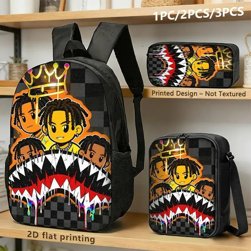 Black backpack, lunch bag, or storage bag (available as a 1-, 2-, or 3-piece set); featuring graffiti-style character portraits and a vibrant shark-mouth splash design.