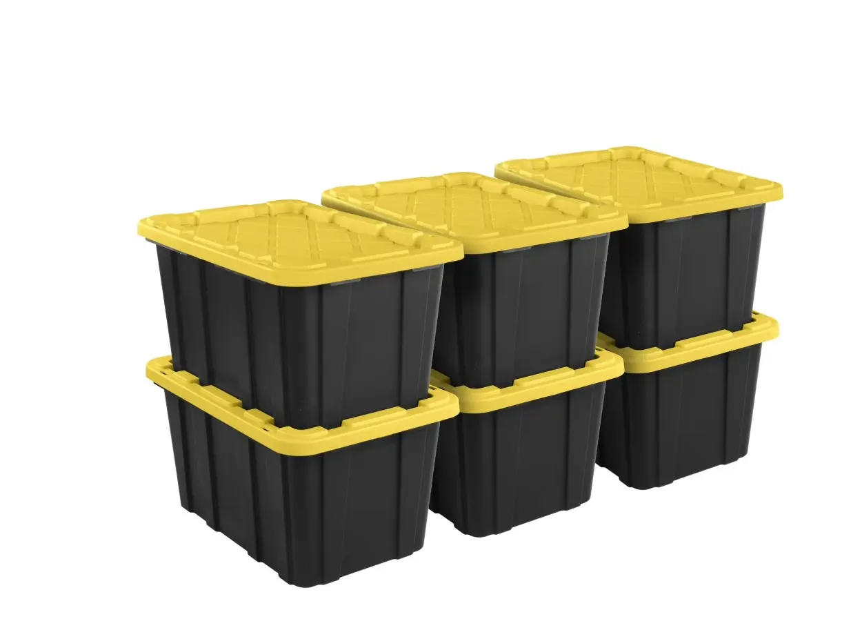 Large Storage Bin, 27 Gallon Durable Plastic Storage Tote with Snap-On Lid, Black and Yellow, 6 Pack